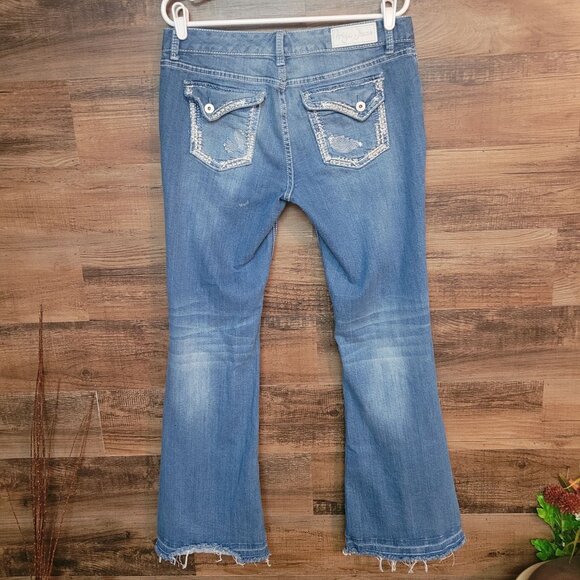 Ariya Jeans 14 Flare Thick Stitch Button Flap Prado Raw Hem Low Rise Western - Picture 2 of 12
